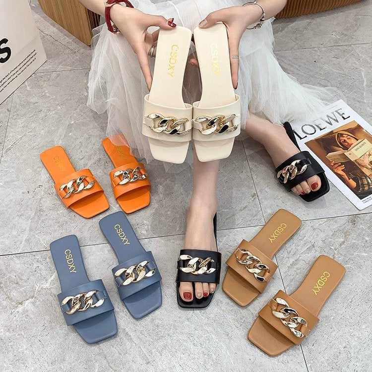 Damen Modische Flach-Sandalen mit dekorativem Ketten-Detail R&B