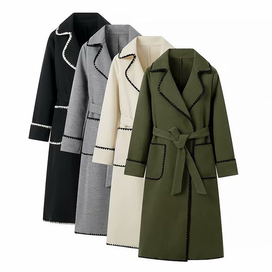 Damen elegante Übergangsjacke mit dekorativem Gürtel und hochwertigen Taschen R&B