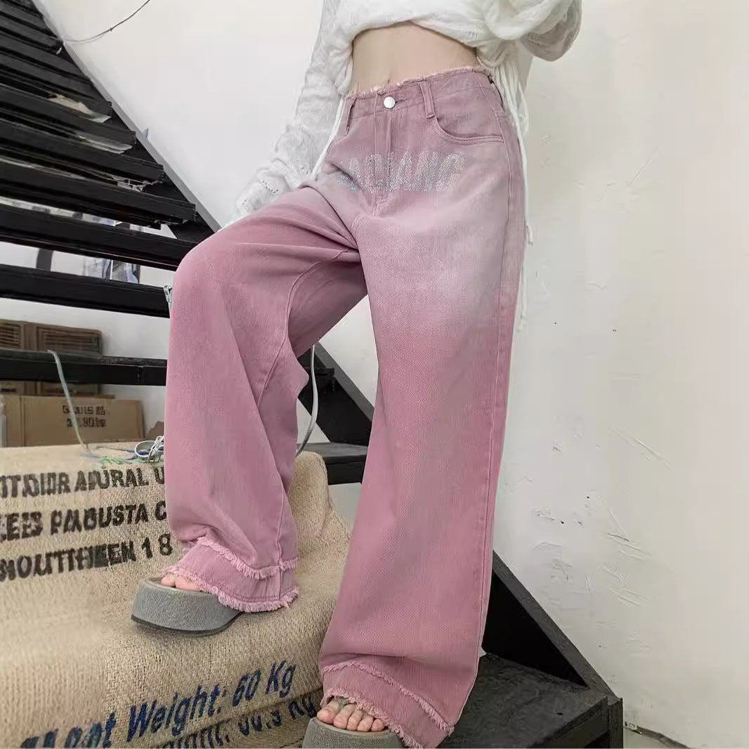 Damen lockere High-Waist Jeans mit fransigem Saum und modischen Schriftzügen R&B