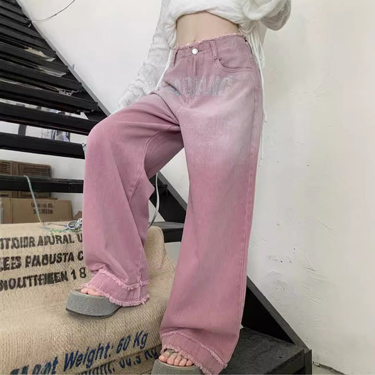 Damen lockere High-Waist Jeans mit fransigem Saum und modischen Schriftzügen R&B