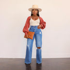 Damen Hochtaillierte Bootcut Jeans mit angesagtem Destroyed-Effekt R&B