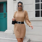 Damen Strickkleid mit hohem Kragen und elastischem Gürtel R&B