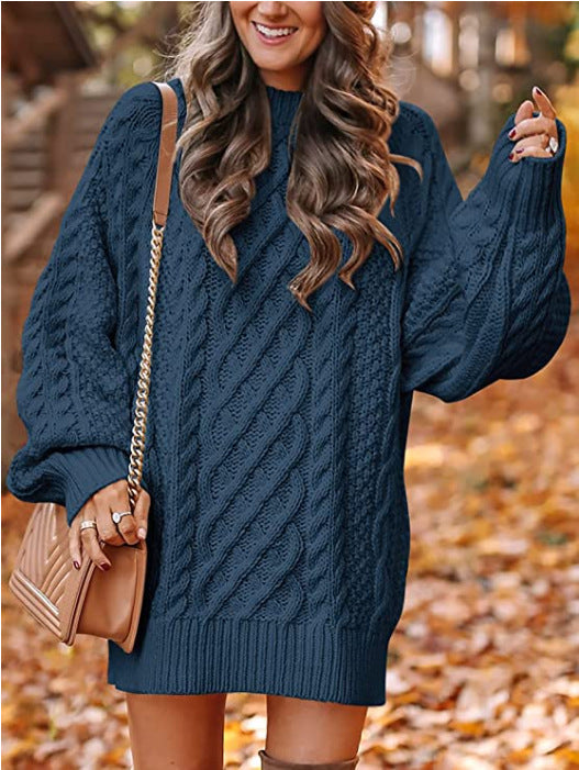Damen Grober Strickpullover mit voluminösen Ärmeln und dekorativem Zopfmuster R&B