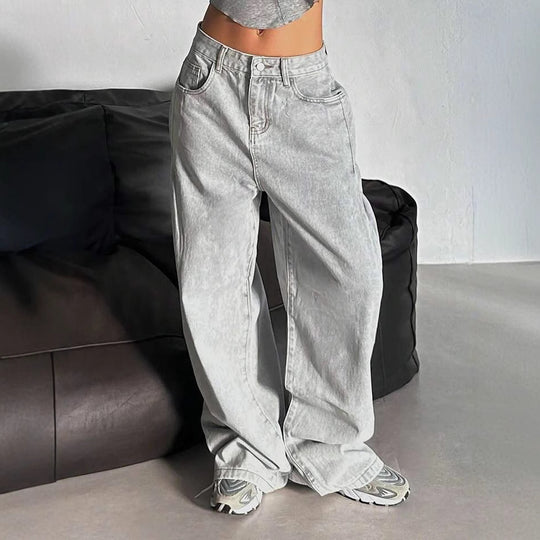 Damen Weite Jeans im lässigen Urban-Style mit hohem Bund und markanten Nähten R&B