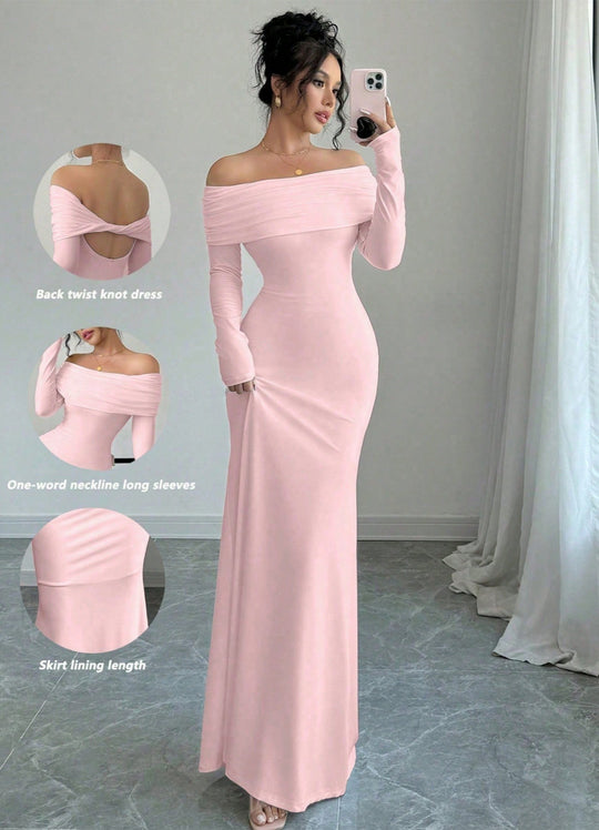 Damen Elegantes und figurbetontes Off-Shoulder Maxikleid mit langen Ärmeln R&B