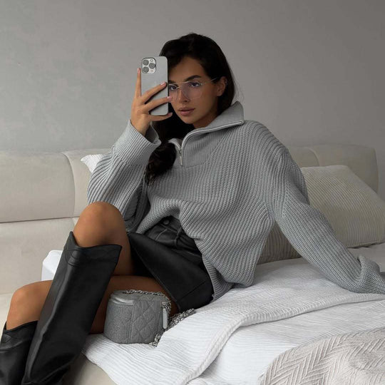 Damen Oversized Strickpullover mit hohem Kragen und Reißverschluss R&B