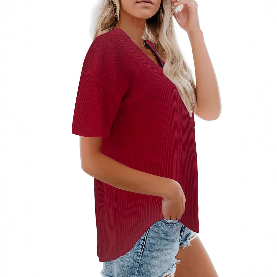 Damen V-Ausschnitt Oversized T-Shirt mit Brusttasche und Rippstruktur R&B