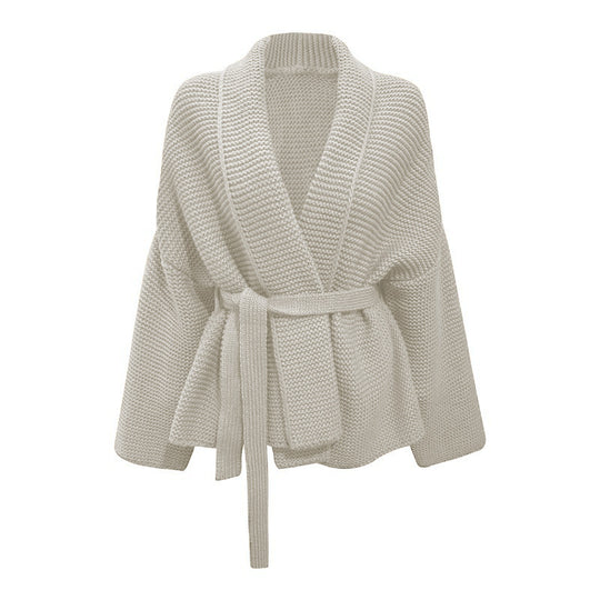 Damen Grobstrickjacke mit modernem Wickeldesign und breitem Kragen R&B