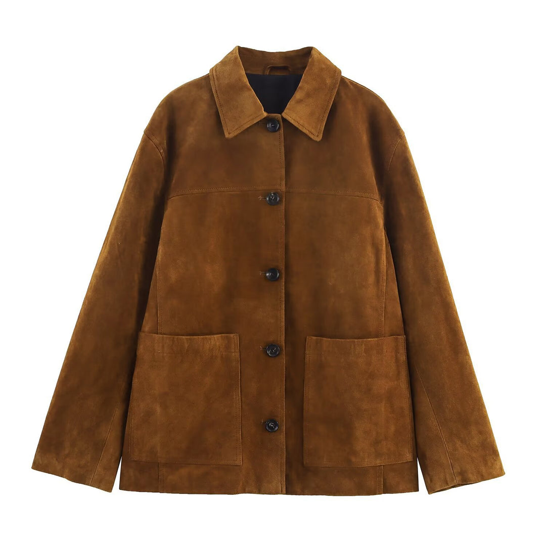 Damen lässige Wildlederjacke mit praktischen Taschen und modischem Schnitt R&B