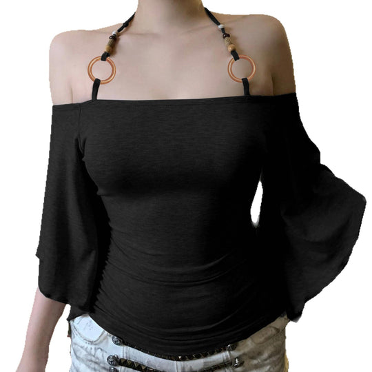 Damen Off-Shoulder Oberteil mit voluminösen Ärmeln und dekorativen Bindedetails R&B