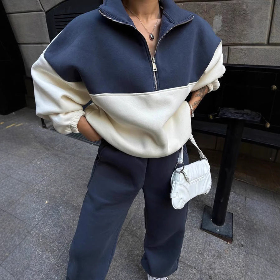 Damen bequemer Zip-Pullover mit überschnittenen Schultern R&B