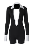 Damen Eleganter Jumpsuit mit tiefem Ausschnitt und kontrastierenden Ärmeln R&B