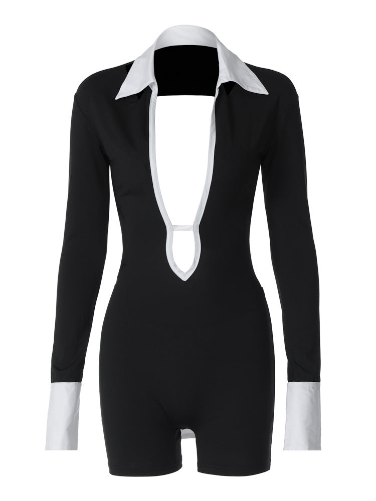 Damen Eleganter Jumpsuit mit tiefem Ausschnitt und kontrastierenden Ärmeln R&B