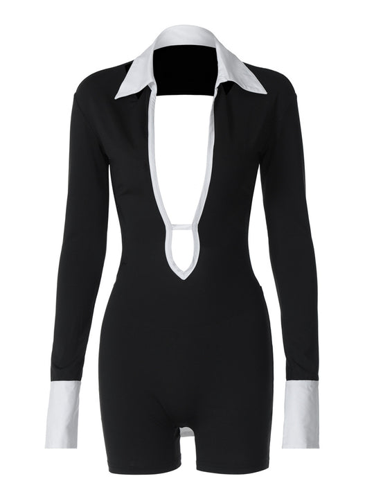 Damen Eleganter Jumpsuit mit tiefem Ausschnitt und kontrastierenden Ärmeln R&B