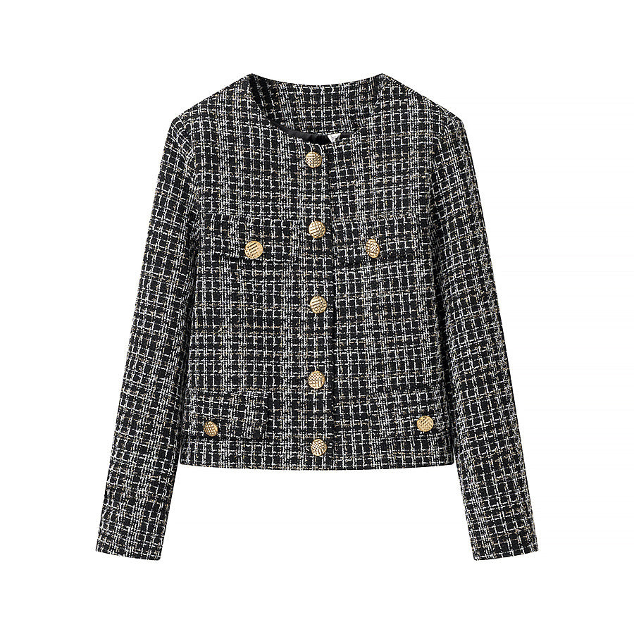 Damen elegante Kurzjacke im modischen Tweed-Stil mit goldenen Knopfdetails R&B