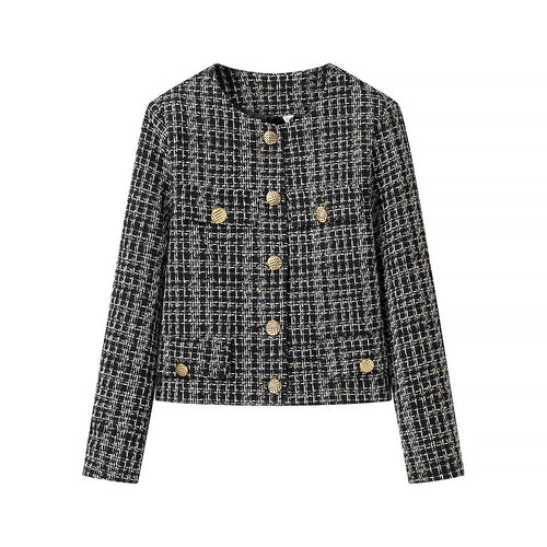 Damen elegante Kurzjacke im modischen Tweed-Stil mit goldenen Knopfdetails R&B