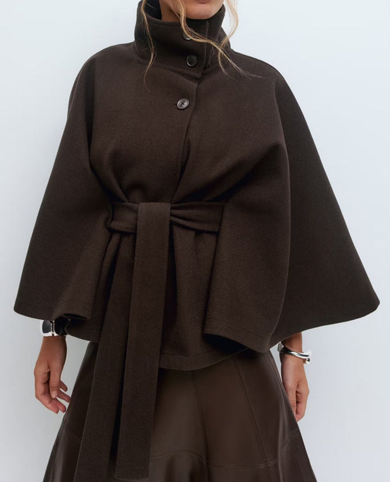 Damen Überwurfjacke mit hohem Kragen und taillierter Bindegürtel R&B