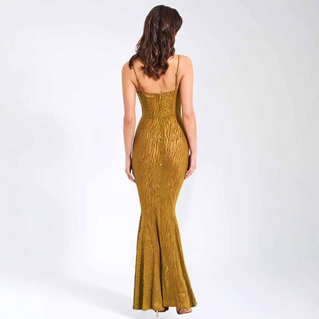 Damen Elegantes Abendkleid aus transparenter Spitze mit Leo-Muster R&B