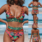 Damen Hochtailliertes Bikini-Set mit modischem Leoparden- und Blumenmuster R&B