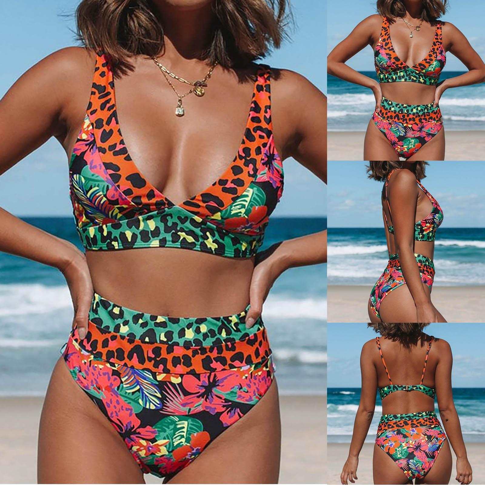 Damen Hochtailliertes Bikini-Set mit modischem Leoparden- und Blumenmuster R&B
