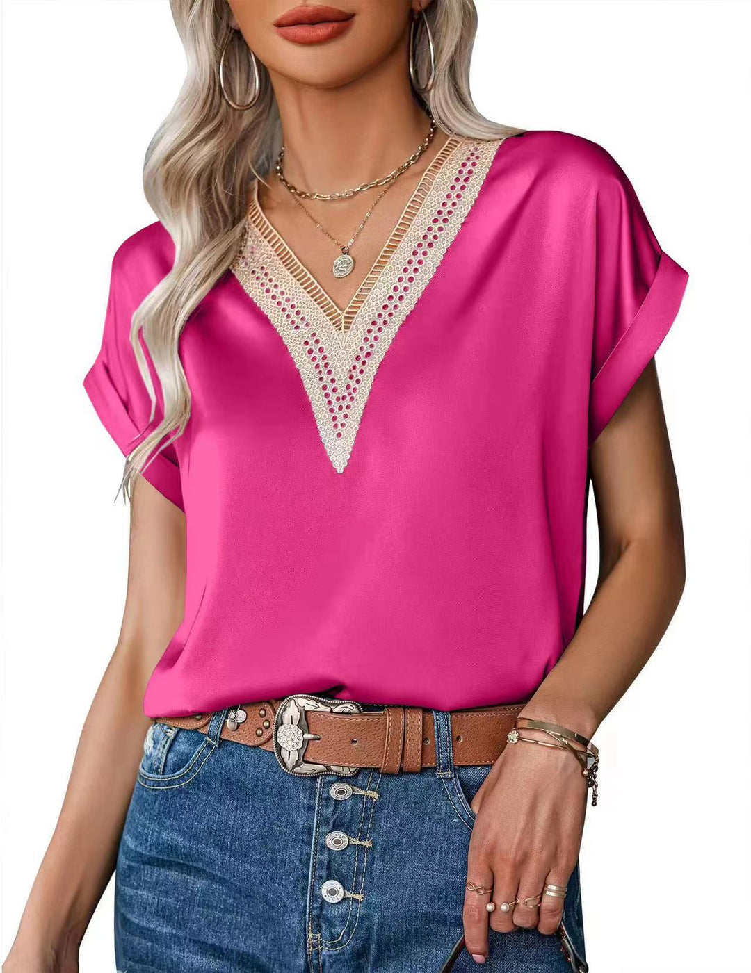 Damen Satin Bluse mit elegantem V-Ausschnitt und raffinierten Spitzenakzenten R&B