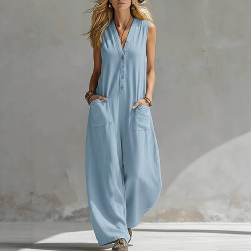 Damen Jumpsuit mit tiefem V-Ausschnitt und praktischen Taschen R&B