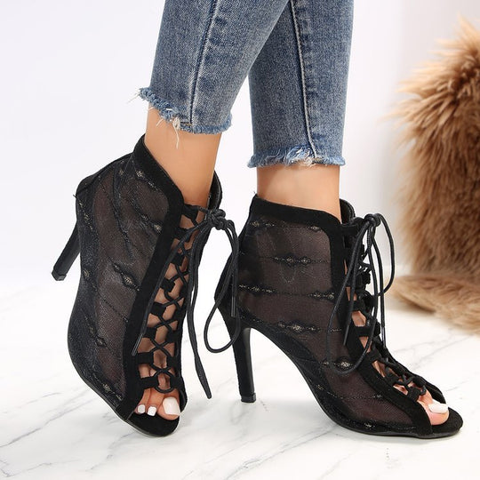 Damen Peep-Toe Stiefeletten mit Schnürung und transparentem Obermaterial R&B