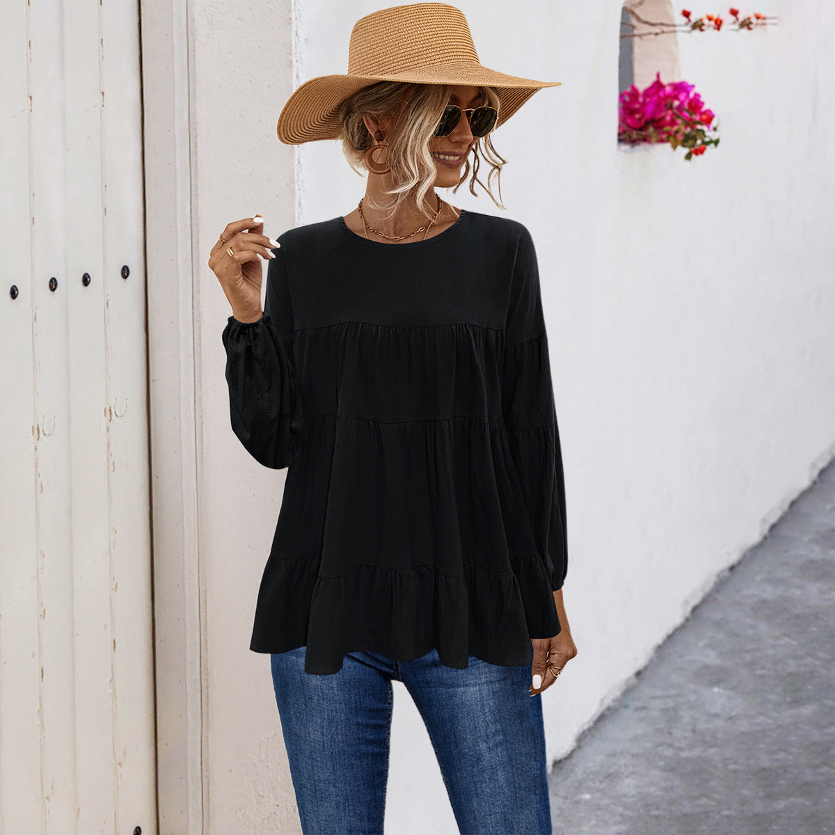 Damen lässige Tunika mit Rüschendetails und weitem Schnitt R&B