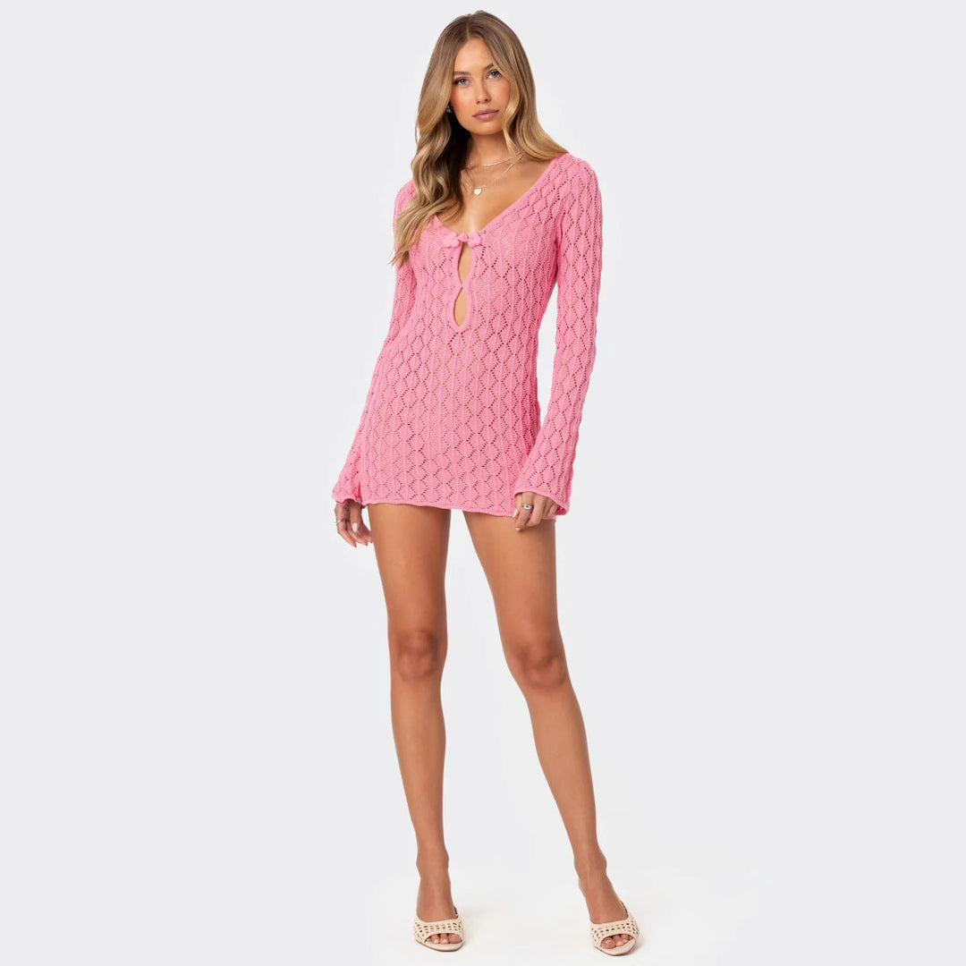 Damen Strickkleid mit raffinierten Ausschnitten und langen Ärmeln R&B