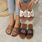 Damen Elegante Flachsandalen mit goldener Kettenverzierung und strukturiertem Obermaterial R&B