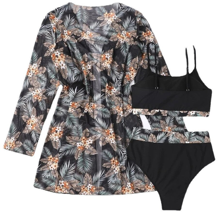 Damen Bikini-Set mit hochgeschnittenem Höschen und floralem Kimono R&B