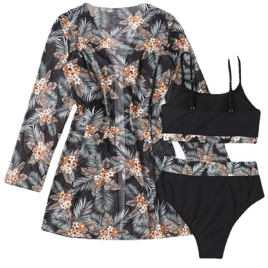 Damen Bikini-Set mit hochgeschnittenem Höschen und floralem Kimono R&B