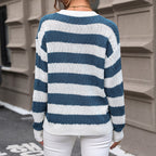 Damen gestreifter Strickpullover mit lässigem Schnitt und hohem Kragen R&B