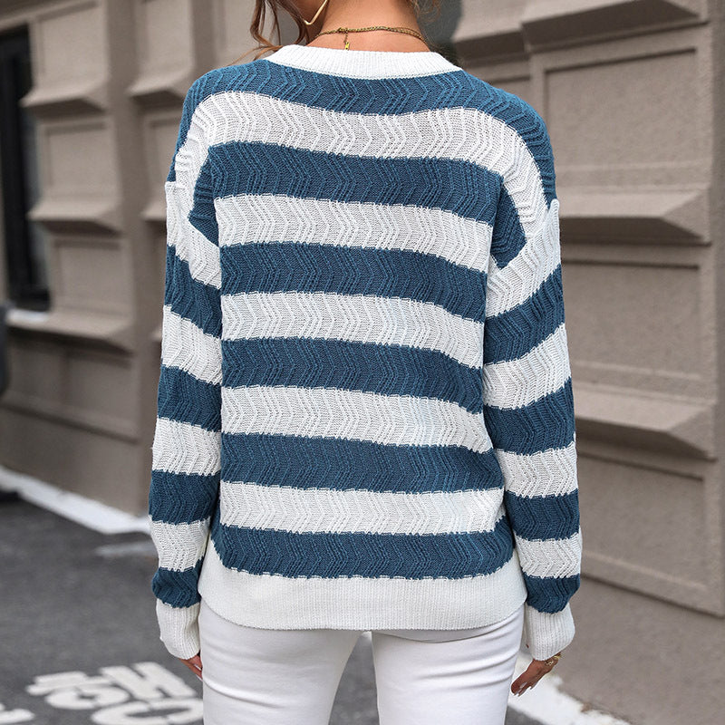 Damen gestreifter Strickpullover mit lässigem Schnitt und hohem Kragen R&B