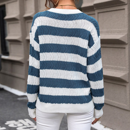 Damen gestreifter Strickpullover mit lässigem Schnitt und hohem Kragen R&B