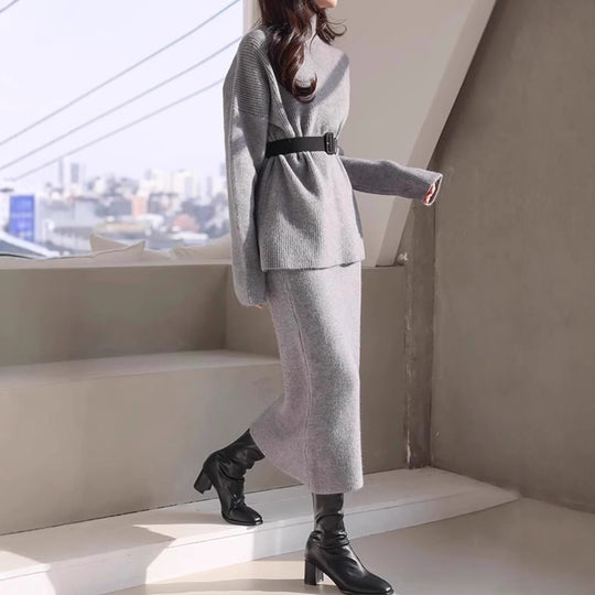 Damen Elegantes Strickoutfit mit Taillengürtel R&B
