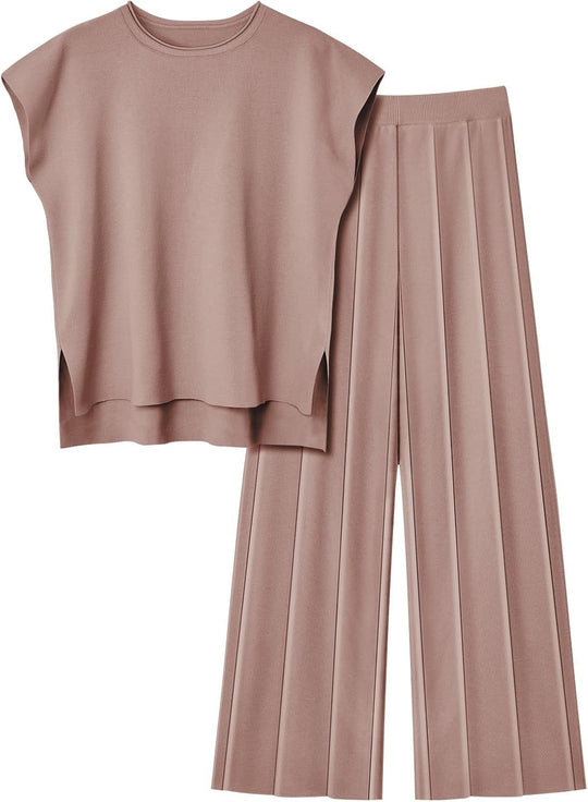 Damen elegantes Set mit kurzärmligem Oberteil und plissierter Hose R&B