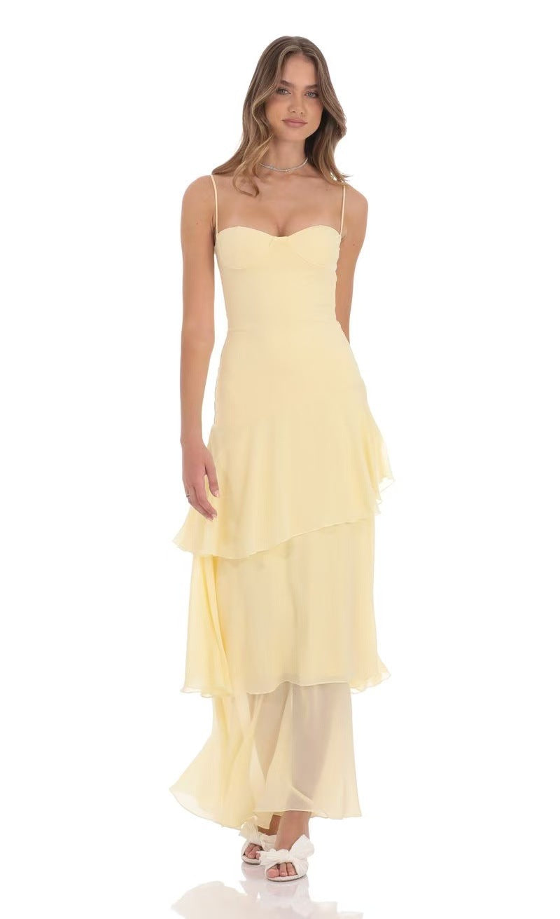 Damen nan romantisches Stufen-Maxikleid mit Herzausschnitt und feinen Spaghettiträgern R&B