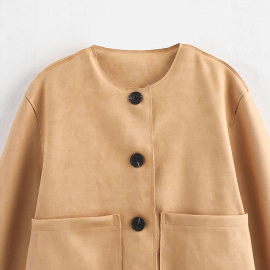 Damen Modische Kurzarmpulloverjacke mit praktischen Taschen und eleganten Knöpfen R&B