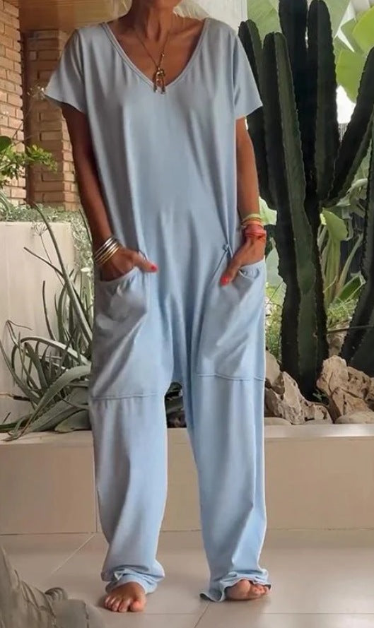 Damen nan weite Komfort-Einteiler mit V-Ausschnitt, tiefem Schritt und Eingrifftaschen R&B