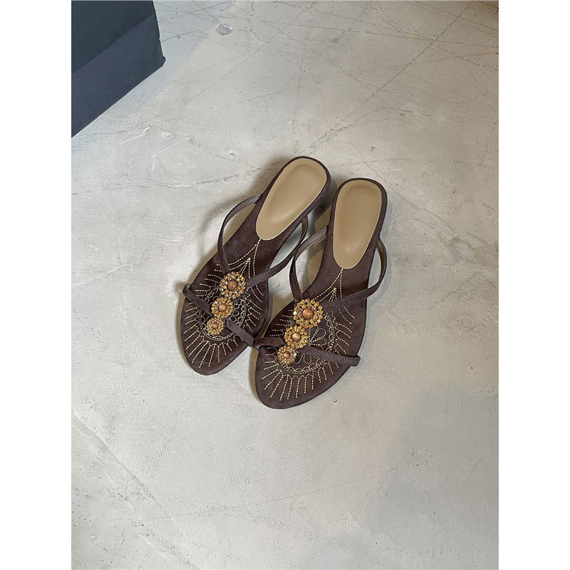 Damen elegante Slingback Sandalen mit funkelnder Perlenverzierung R&B