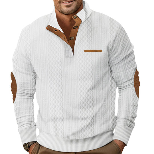 Herren nan strukturierter Strickpullover mit Stehkragen, Knopfleiste und Ellenbogenpatches R&B