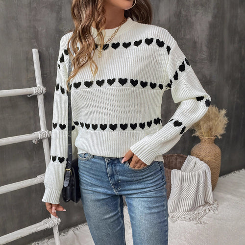Damen lässiger Strickpullover mit Herzenmuster und lockerem Schnitt R&B