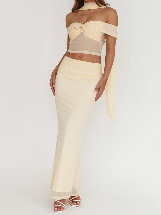 Damen elegantes Wickelkleid mit schulterfreiem Oberteil und drapierter Silhouette R&B