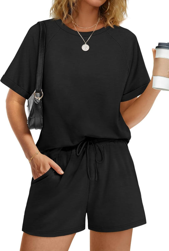 Damen lässiger Kombi aus T-Shirt und Shorts mit elastischem Bund R&B