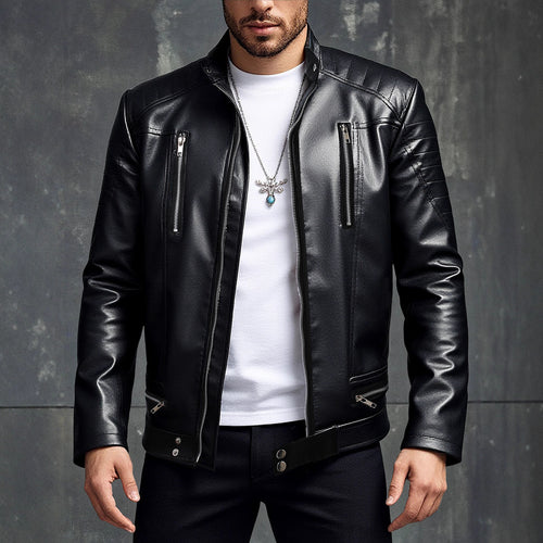 Herren Modische Kunstlederjacke mit asymmetrischem Reißverschluss