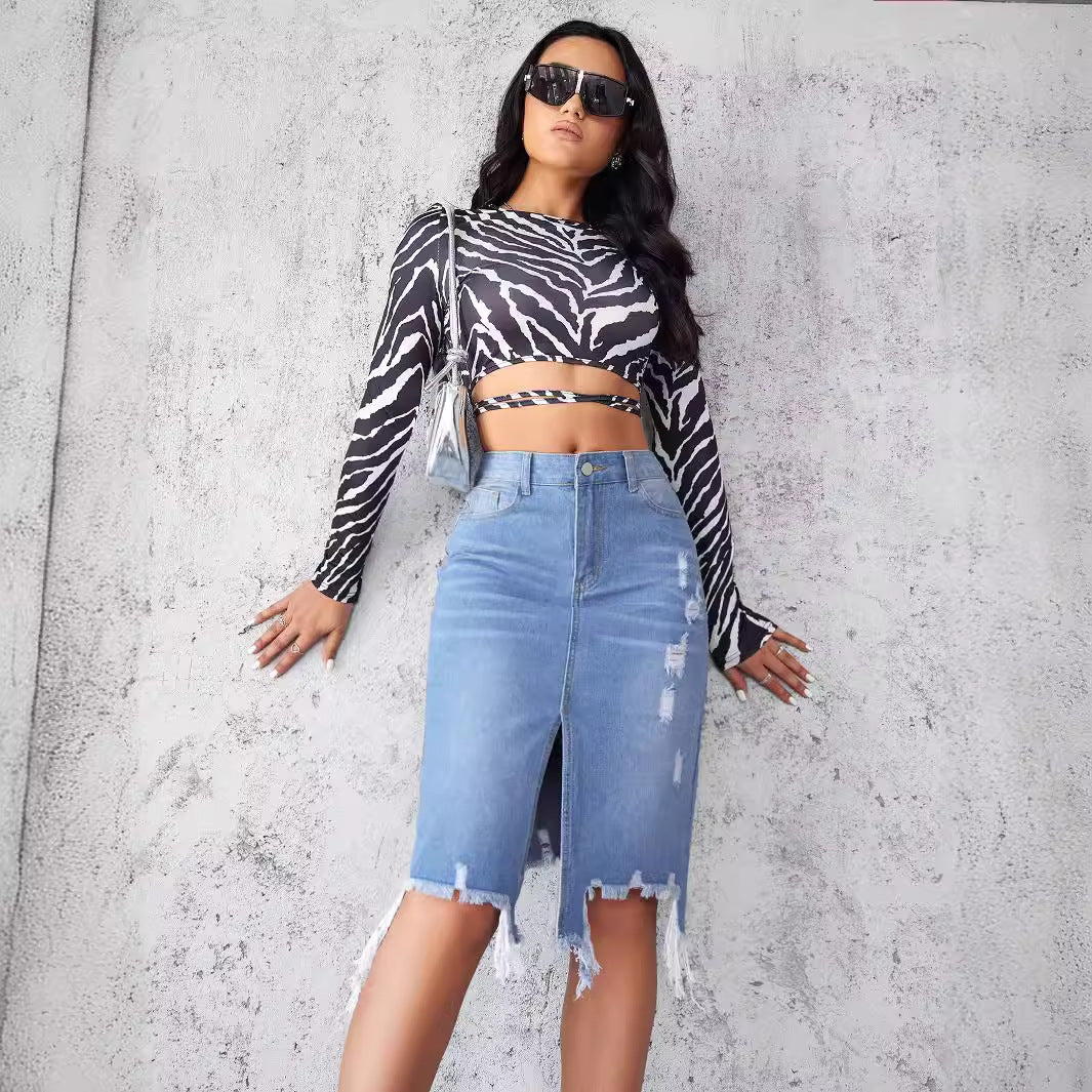 Damen Midirock im modernen Vintage-Design mit lässigem Used-Look und Fransenabschluss R&B