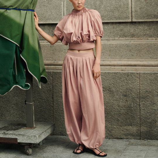 Damen Crop-Top mit voluminösen Puffärmeln und Taillenbetonung R&B