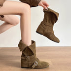Damen Modische Ankle Boots mit ausgefallenem Klappdesign und dekorativen Schnallen R&B