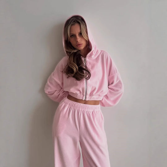 Damen Sportliches Fleece-Set mit hochschließendem Reißverschluss und elastischem Bund R&B